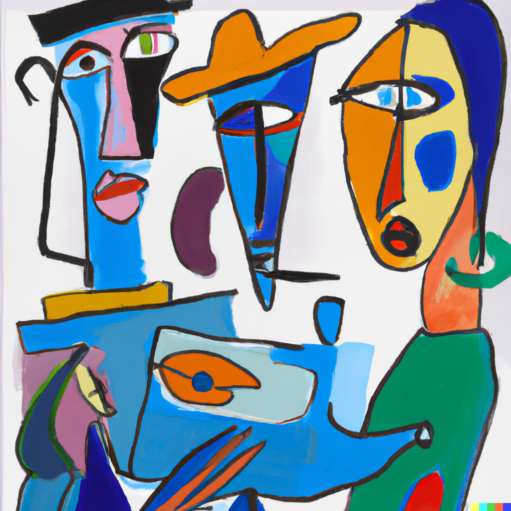 Picasso like image of people gathered and looking at book